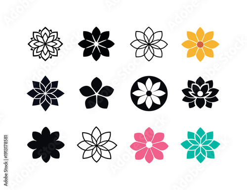 Flower. Icon set. Set Logo of Flower: geometric floral emblem. harmonious logo variations of the same emblematic concept, each with different