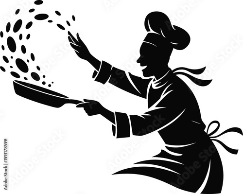 Chef cooking silhouette illustration featuring frying pan food preparation culinary kitchen restaurant profession lifestyle concept flat modern graphic design