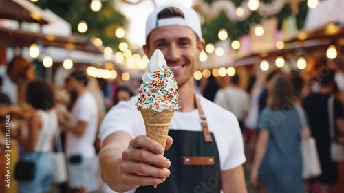 Happy man presenting ice cream cone with colorful sprinkles at outdoor market