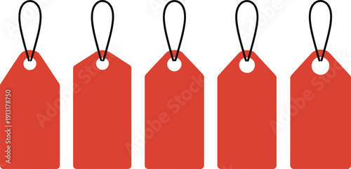 A neat row of five blank vibrant red retail price tags with black strings on a white background