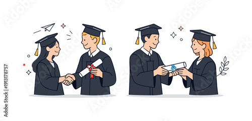 Academic celebration graphics. Students exchanging diplomas and handshakes, friendly and respectful atmosphere. Moment of recognition