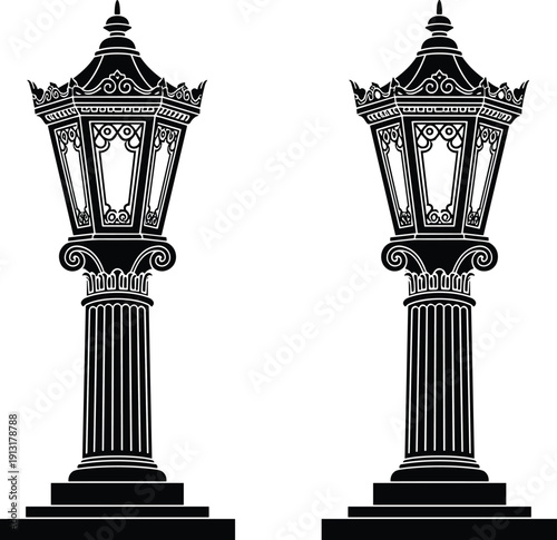 Vintage Street Lamp Post Vector Illustration Set, Classic Ornate Lantern Columns Isolated on Light Background, Decorative Urban Lighting Design Elements