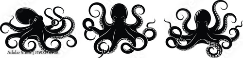 Black octopus silhouette set with detailed tentacles, vintage engraved style, marine sea creature illustration isolated on white background for tattoo, logo, and design use