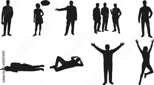 People silhouettes collection illustration featuring business communication relaxation standing poses lifestyle human figures modern flat design graphic concept set