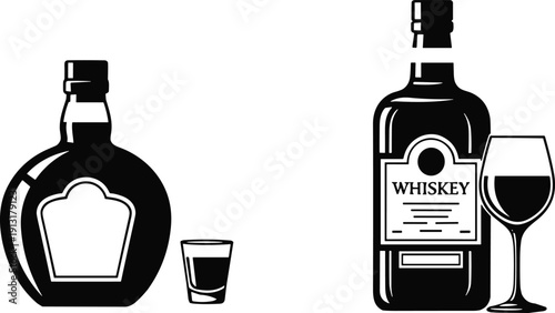Whiskey bottle and glass silhouettes set featuring liquor containers and drinking glasses isolated on white background black vector illustration collection design icons