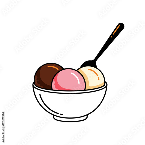 Three scoops of ice cream in bowl, chocolate strawberry and creme brulee dessert vector illustration 