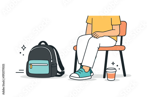 Bags resting on floors. A tote or backpack sits casually on the floor beside a person or chair, suggesting a pause in movement. Quiet,