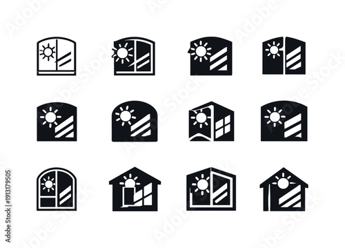 Custom-built home features. Icon set. Set Logo of Custom-built home features: energy-efficient window. harmonious logo variations of the same