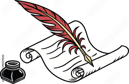 Antique Feather Quill Pen with Metal Nib. Realistic White Swan Feather Pen for Writing. Traditional Calligraphy Quill Pen on Parchment Background. Classic Writing Quill with Ink Droplets. Vintage Ink
