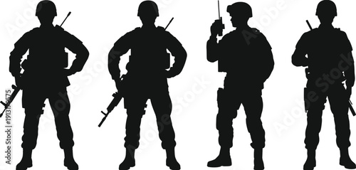 Soldier silhouettes collection illustration featuring military personnel armed forces defense security combat concept modern flat design tactical graphic set