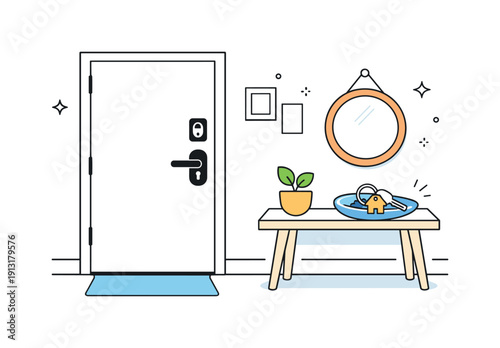 Home security habit. A simple hallway scene with a locked front door and keys placed neatly nearby. Editorial stillness expressing safety and