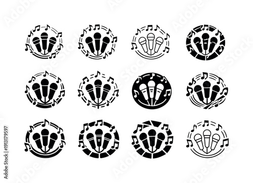 Karaoke Night Icons. Group karaoke nights. Icon set. Set Logo of Group karaoke nights: musical notes circle. harmonious logo variations of the same emblematic
