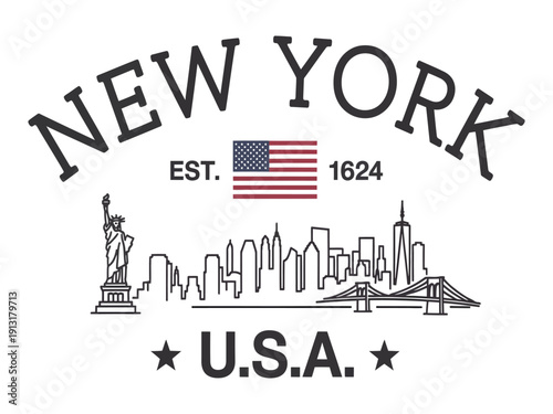 New York USA vintage emblem with statue of liberty and city skyline, a patriotic travel badge illustration design