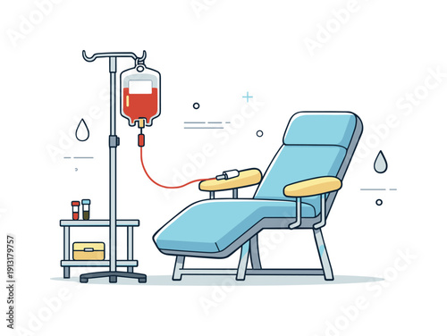 Blood donation bag. Blood bag connected to a simple donation setup with chair and stand, no patient details. Quiet, organized healthcare