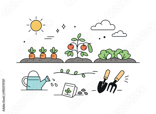 Vegetable patch concept. Abstract composition with soil beds, plants, sun, and garden tools arranged harmoniously. Visual metaphor for