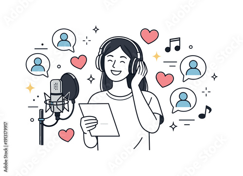 Building an online music audience. A singer smiling after recording, with follower icons, hearts, and music notes gently surrounding them.