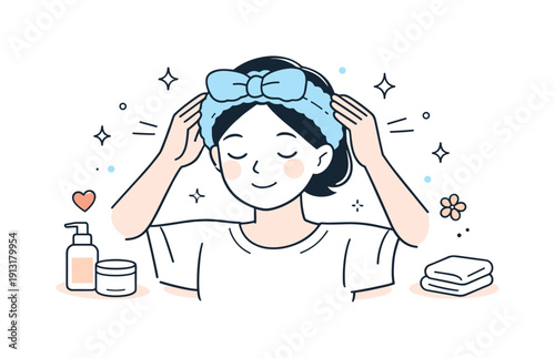 Cosmetic headband for hair styling. A person gently puts on a soft cosmetic headband before skincare or makeup, preparing hair away from the