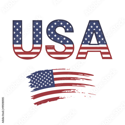 USA text design with american flag texture, brush stroke style, patriotic graphic, independent day celebration