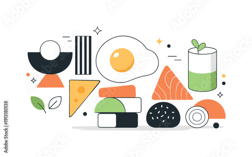 Abstract geometric cuisine. Food ingredients transformed into circles, triangles, and blocks, focused visual exploration and balance. Calm