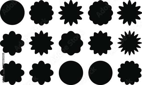A selection of black plain circles and ornate badge shapes displayed on a clean white background