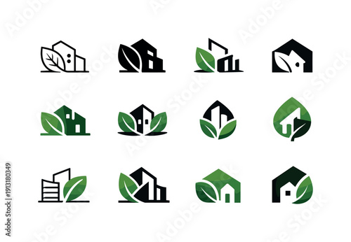 Biophilic design. Icon set. Set Logo of biophilic design: leaf integrated with architectural form. harmonious logo variations of the same