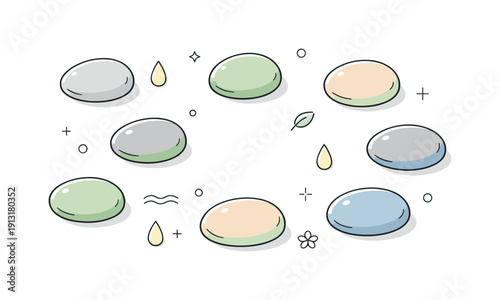 Calming Stones Arrangement. Aromatherapy stones flat lay. Top view of stones spaced evenly with plenty of white space, subtle oil drop accents nearby. Clean