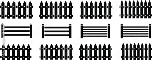 Black wooden fence and railing silhouettes collection isolated on light background, vector picket barrier set for landscaping and boundary design