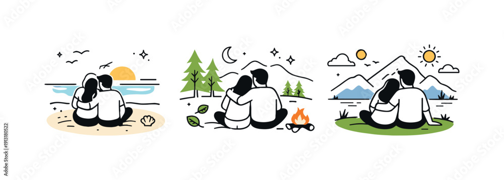 Obraz premium Couples in nature (beach, forest, mountains). A serene finaloreditorial scene showing a couple enjoying a quiet pause in nature, focused on