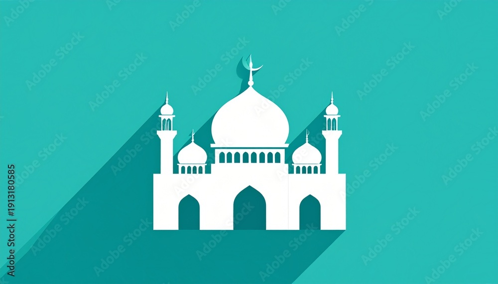 Fototapeta premium White mosque illustration minimalist design Islamic architecture vector art teal background