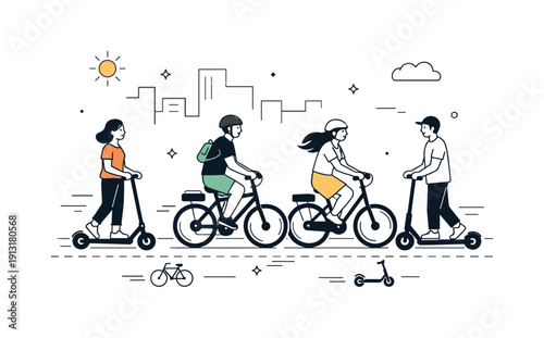 Electric scooters and bikes in the city. People riding electric scooters and e-bikes along a shared bike lane, relaxed and efficient. Gentle