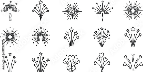 Decorative Burst and Radial Floral Line Icon Set