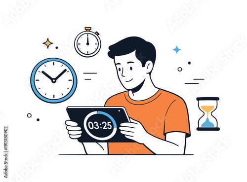 Time tracking concept. A person calmly watching a countdown timer on a tablet while simple clock icons float nearby. The mood highlights
