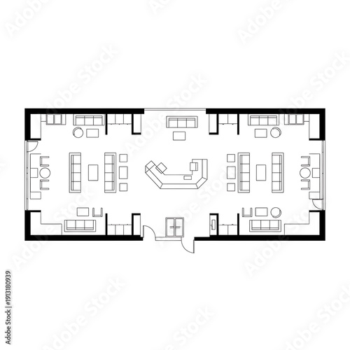 A blurry black and white floor plan of a large building or house