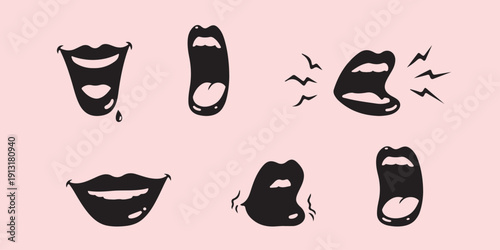 A stylish vector illustration of a fashion beauty set featuring diverse female lips, eyes, and makeup icons in a cartoon art style with black silhouettes for modern logo design