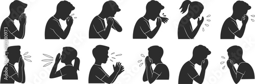 Respiratory Illness Icon Set Featuring Silhouettes of People Coughing Sneezing and Feeling Unwell for Healthcare Education Allergy Symptoms and Medical Information Design