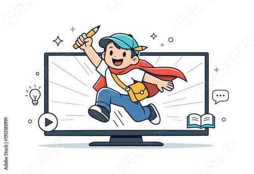 Character animation reveal. A big screen lighting up as a friendly animated hero jumps forward, symbolizing storytelling, creativity, and