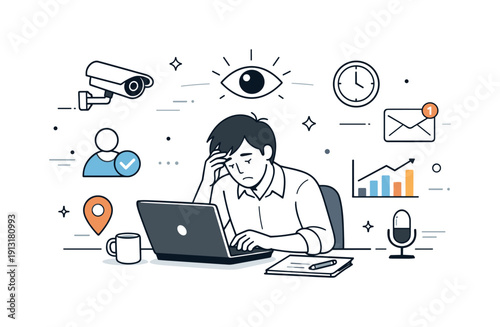 Employee monitoring stress. An employee working at a desk while subtle monitoring icons hover nearby, suggesting constant observation. The