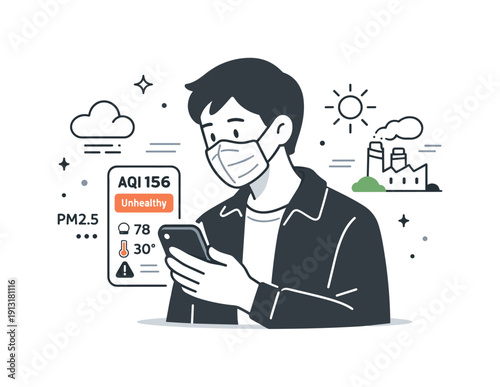 Air Quality Check. Air pollution. A focused scene of a person wearing a mask while checking air quality data on a phone. Calm, informative mood with simple