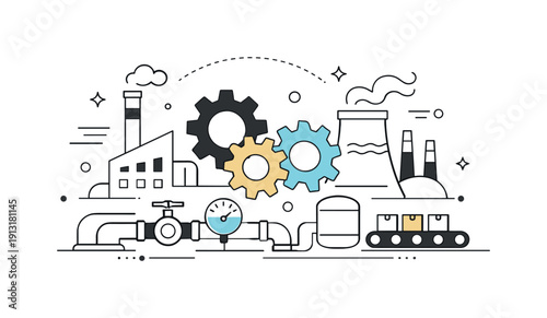 Industrial machinery. An abstract composition of gears, pipes, and factory elements arranged harmoniously, representing industrial power and