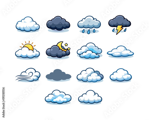 Clouds. Colorful isometric vector icons set of Clouds: fluffy white cloud, dark storm cloud, rain cloud drops, thunder cloud lightning, cloud
