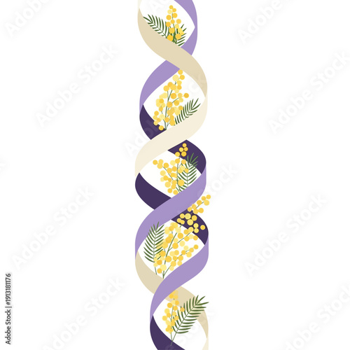 DNA helix intertwined with mimosa flowers, symbolizing life, nature, and science.