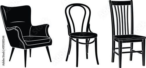 Classic and Modern Chair Silhouettes Vector Set, Armchair Wooden Dining and Bentwood Seating Collection Isolated on Light Background