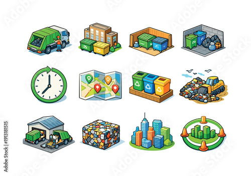 Urban waste management. Colorful isometric vector icons set of urban waste management: city street pickup, apartment dumpsters, waste