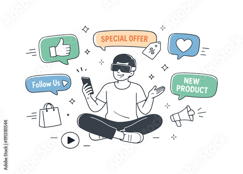 Augmented reality brand experience. A user interacting with floating brand icons and messages in their environment, relaxed and engaged. The