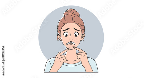 Worried Young Woman Biting Nails Illustration, Anxiety and Stress Concept, Nervous Female Character with Facial Expression of Fear and Overthinking Isolated on Neutral Background