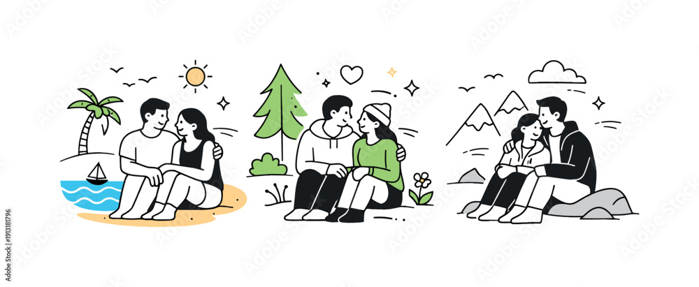 Obraz premium Couples in nature (beach, forest, mountains). A friendly scene of a couple sitting together outdoors, sharing a quiet conversation surrounded