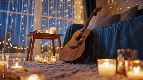 Cozy room atmosphere with acoustic guitar candles and blurry lights