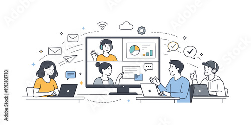 Remote collaboration. Young professionals interacting via laptops and large screens in a bright workspace, motion lines and small icons