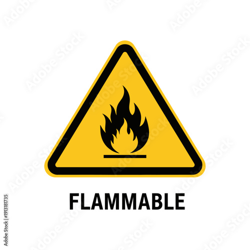 Flammable Warning Sign: Fire Symbol in Yellow Triangle with Black Border and Text