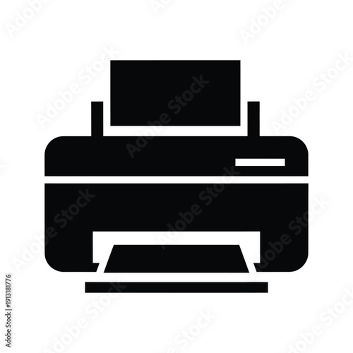 Black silhouette icon represents a modern desktop printer device outputting paper ready for office use.